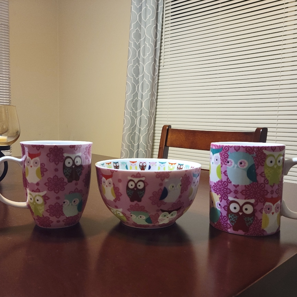 Owl Mugs and Bowl